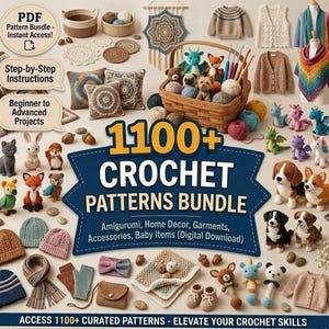 May include: A digital crochet patterns bundle with over 1100 patterns. The image showcases various crochet projects, including amigurumi animals, garments, home decor items, and accessories. Text on the image reads "1100+ Crochet Patterns Bundle".