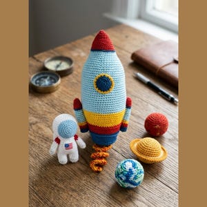 May include: A collection of crocheted space-themed toys, including a light blue, red, and yellow rocket, an astronaut with an American flag, a red planet, a yellow Saturn, and a blue and green Earth. The toys are arranged on a wooden surface.