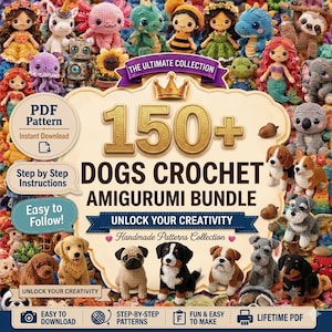 Pode incluir: Uma coleção digital de mais de 150 padrões de crochê amigurumi de cães com uma placa central creme, texto dourado, um ícone de coroa e uma colagem de várias figuras de animais em crochê, incluindo cães e bonecas.