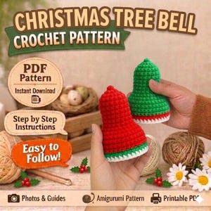 Puede incluir: Un patrón de ganchillo para campanas de árbol de Navidad. La imagen muestra dos campanas hechas a mano, una roja y otra verde, con adornos blancos y verdes. El texto de la imagen dice "Christmas Tree Bell Crochet Pattern".