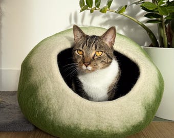 Pure Felt Wool Handmade Cat Bed | Cat Igloo Hideaway and Open Nest Bed | Cocoon Cave Cat House | Minimalist Pet Furniture | Cat Lover Gift