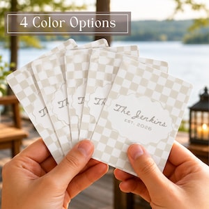 May include: A set of personalized cards with a checkered pattern in beige and white. The cards feature the text "The Jenkins EST. 2026" in a decorative font. The image also includes the text "4 Color Options".