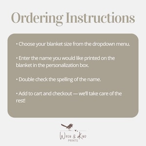 May include: A graphic with the text "Ordering Instructions" and bullet points detailing how to order a personalized blanket. The instructions include choosing a size, entering a name, checking spelling, and adding to cart.