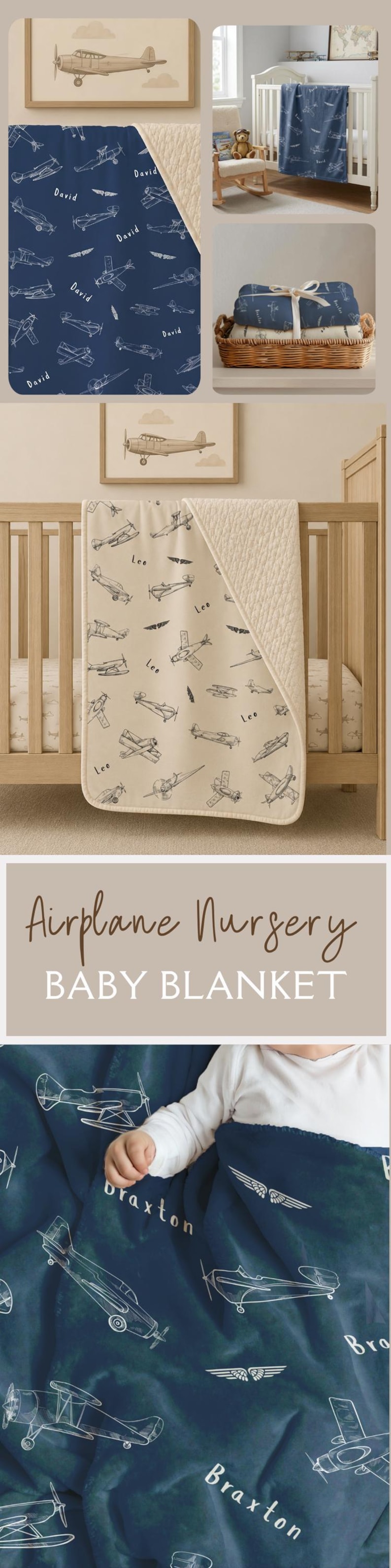 Puede incluir: Una manta suave para beb&eacute; con un patr&oacute;n repetitivo de aviones dibujados en l&iacute;neas blancas y nombres personalizados. La manta tiene un lado superior liso con fondo azul marino o crema y un reverso de felpa blanca con textura.