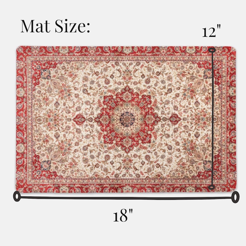 May include: Rectangular rug with a cream-colored field and a central red medallion. The rug has a red border and intricate floral patterns. The mat measures 18 inches by 12 inches.
