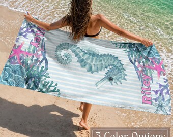 Personalized Sea Horse Beach Towel for Kids Custom Pool Towel Gift Ocean Themed Beach Accessories Colorful Summer Gift Custom Name Towel Kid