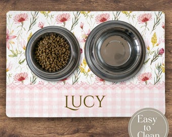 Gingham Pet Mat Personalized Dog Placemat for Pet Feeding Station Cat Food Mat Pink Cottagecore Pet Gift for Dog Lover Floral Rug Mat