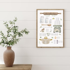 Wall Art Vintage Kitchen Print titled, "titled "Kitchen Weights & Measures" featuring illustrations of measuring tools, jars, and a scale. The print includes conversions for volume and weight, such as ounces to grams and cups to tablespoons. The Kitchen wall art print is displayed on a white wooden wall next to a vase containing greenery.