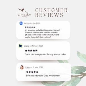 K&ouml;nnte beinhalten: Eine grafische Darstellung mit dem Titel CUSTOMER REVIEWS und dem Logo von Wren & Kind Prints. Sie zeigt drei wei&szlig;e rechteckige Bewertungsfelder, jeweils mit f&uuml;nf schwarzen Sternen und Texten von Kunden namens Karin, marie und Ellen aus dem Jahr 2026.