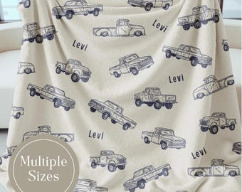 Personalized Truck Blanket for Boy Custom Name Baby Boy Blanket Vintage Truck Toddler Gift Old Blue Truck Theme Nursery Decor Boy Gifts