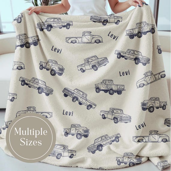 Personalized Truck Blanket for Boy Custom Name Baby Boy Blanket Vintage Truck Toddler Gift Old Blue Truck Theme Nursery Decor Boy Gifts