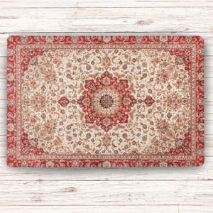 A rectangular Vintage Rug Dog Food Mat with a detailed floral pattern in red, cream, and brown. The rug has a central medallion design and a detailed border. The colour palette includes shades of red, cream, and brown, creating a classic, elegant look.