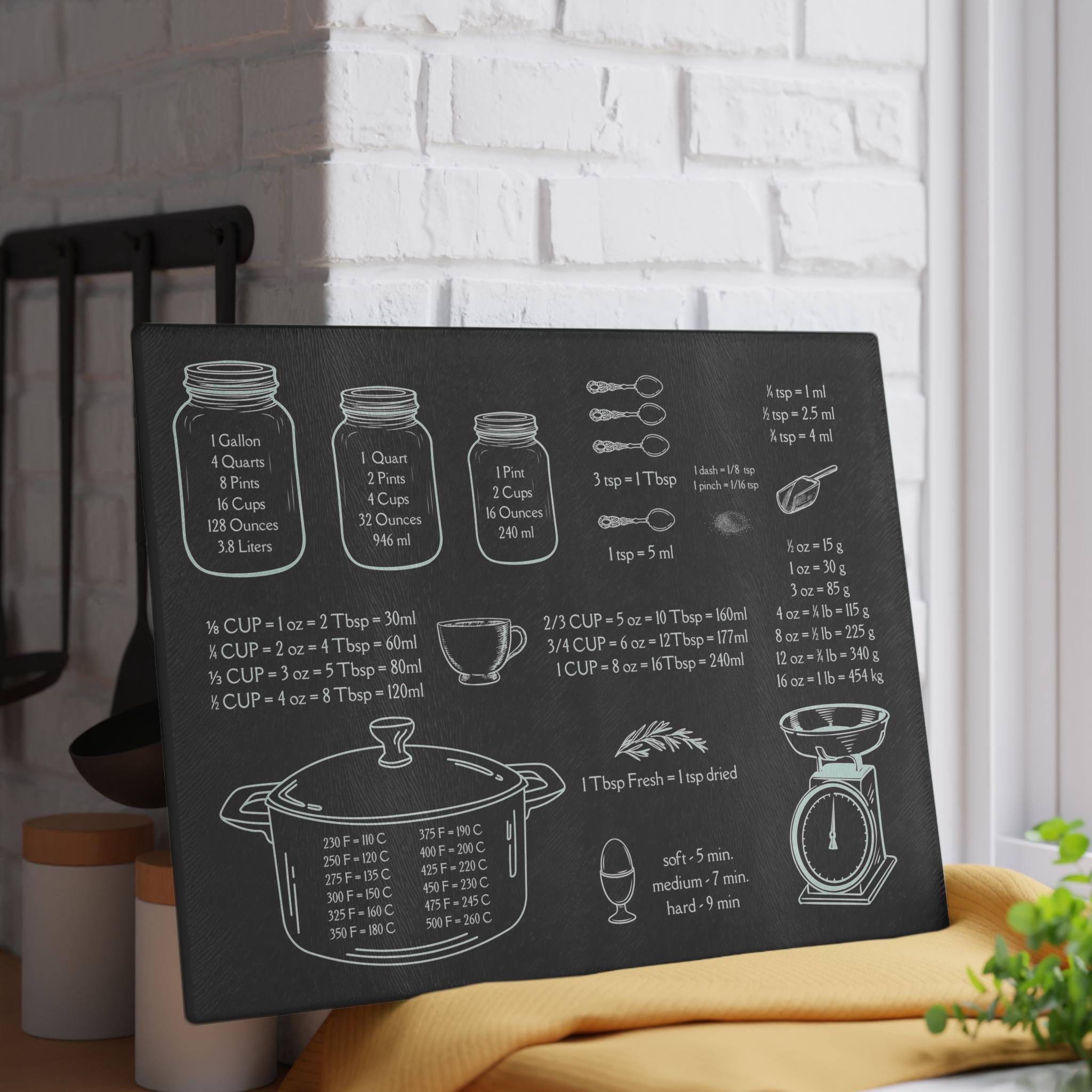 Kitchen Measurement Conversion Glass Cutting Board, Cooking Conversion, Kitchen Conversion, Vintage Kitchen Decor, Housewarming Gift
