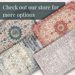 May include: An assortment of decorative rugs with intricate patterns and a variety of colors. The rugs include designs in teal, red, blue, and gray. The text "Check out our store for more options" is at the top of the image.