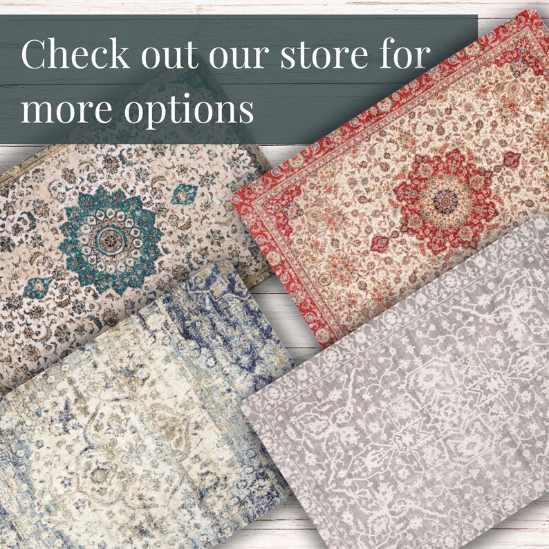 May include: An assortment of decorative rugs with intricate patterns and a variety of colors. The rugs include designs in teal, red, blue, and gray. The text "Check out our store for more options" is at the top of the image.