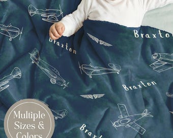 Personalized Airplane Baby Blanket Custom Name Vintage Airplane Toddler Gift Aviation Fleece Blanket Boy Airplane Nursery Decor Gift for Boy