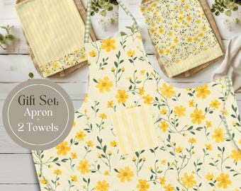Set composto da grembiule e asciugamano da cucina in stile cottagecore con motivo floreale giallo, regalo per la mamma per l'inaugurazione della casa, decorazione floreale per la cucina, grembiule con fiori selvatici e tasca, regalo