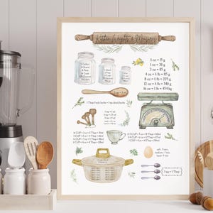 A framed watercolour Kitchen Conversion Chart Kitchen Wall Art print titled "Kitchen Weights & Measures" showing kitchen tools and measurements. Includes a rolling pin, jars, spoons, and a scale. Measurements are in ounces, pounds, and cups. The text includes "1 Tbsp fresh herbs = 1 tsp dried herbs.