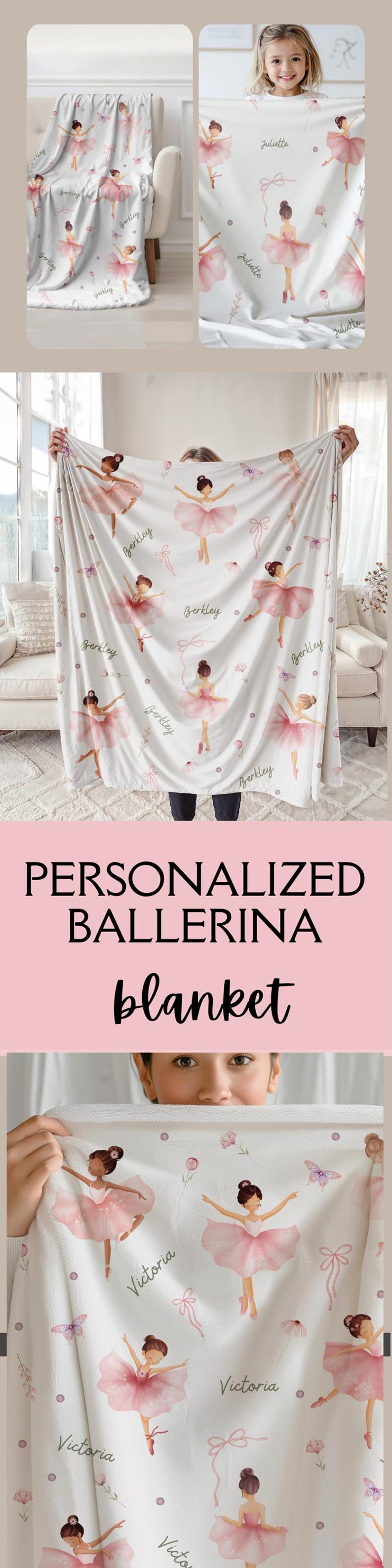 May include: A white personalized ballerina blanket featuring illustrations of ballerinas in pink tutus, bows, and butterflies. Names like "Berkley" and "Victoria" are printed on the blanket. The words "PERSONALIZED BALLERINA blanket" are also visible.