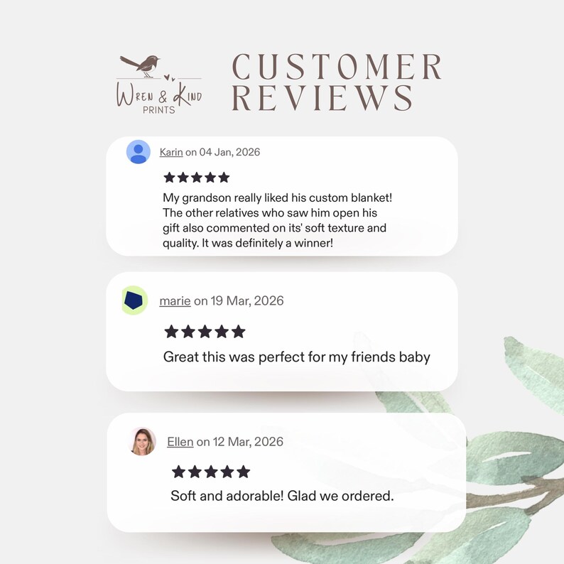 Puede incluir: Una pantalla gr&aacute;fica titulada CUSTOMER REVIEWS con el logotipo de Wren & Kind Prints. Muestra tres cuadros de revisi&oacute;n rectangulares blancos, cada uno con cinco estrellas negras y texto de clientes llamados Karin, marie y Ellen fechados en 2026.