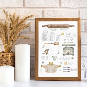 A Modern Farmhouse Kitchen print titled "Kitchen Weights & Measures" showing kitchen tools and measurements. Includes a rolling pin, jars, spoons, and a scale. Measurements are in ounces, pounds, and cups. The text includes "1 Tbsp fresh herbs = 1 tsp dried herbs.