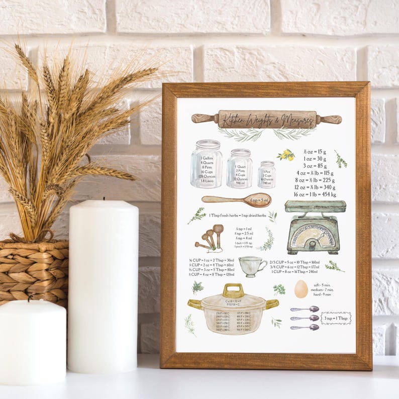 A Modern Farmhouse Kitchen print titled "Kitchen Weights & Measures" showing kitchen tools and measurements. Includes a rolling pin, jars, spoons, and a scale. Measurements are in ounces, pounds, and cups. The text includes "1 Tbsp fresh herbs = 1 tsp dried herbs.
