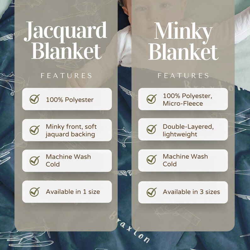 Puede incluir: Una tabla comparativa para una manta Jacquard y una manta Minky. La manta Jacquard presenta 100% poli&eacute;ster, frente minky, reverso jacquard suave, lavado a m&aacute;quina en fr&iacute;o, 1 tama&ntilde;o. La manta Minky presenta 100% poli&eacute;ster, microforro polar, doble capa, ligera, lavado a m&aacute;quina en fr&iacute;o, 3 tama&ntilde;os.