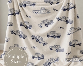 Personalized Truck Blanket for Boy Custom Name Baby Boy Blanket Vintage Truck Toddler Gift Old Blue Truck Theme Nursery Decor Boy Gifts