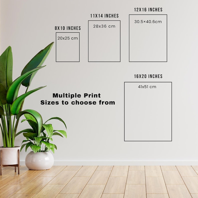 Pu&ograve; includere: Immagine che mostra varie dimensioni di stampa: 20x25 cm (8x10 pollici), 28x36 cm (11x14 pollici), 30.5x40.6cm (12x16 pollici) e 41x51 cm (16x20 pollici). &Egrave; presente anche il testo "Multiple Print Sizes to choose from".