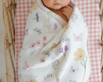 Personalized Floral Baby Blanket Custom Pastel Flower Nursery Decor Gift Baby Girl Blanket with Name Custom Minky Blanket Baby Gift