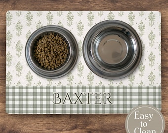 Personalized Green Floral Rug Custom Pet Placemat Dog Feeding Station Mat Cat Cottagecore Decor Gift for Pet Lover Gift for New Puppy Mat