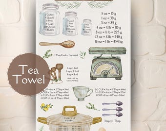 Kitchen Measurement Conversion Chart Tea Towel, Vintage Kitchen Decor, Modern Farmhouse Kitchen Decor, Housewarming Gift, Dish Towel