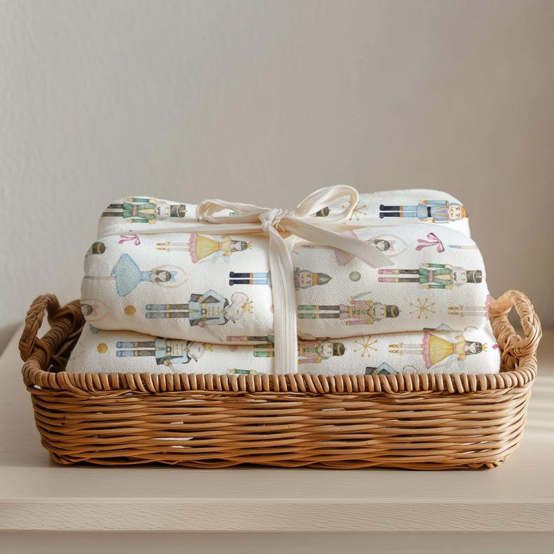 May include: A folded off-white fabric blanket featuring a repeating watercolor print of nutcracker figures and ballerinas in pastel tones. The blanket is tied with a simple cream-colored ribbon and rests inside a rectangular woven wicker basket.