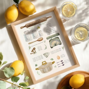 A framed watercolour Wall Art Vintage Kitchen Prints titled "Kitchen Weights & Measures" featuring kitchen tools and measurement conversions. Includes a rolling pin, jars, a scale, and a saucepan. Lemons and glasses of water with lemon slices are in the background.