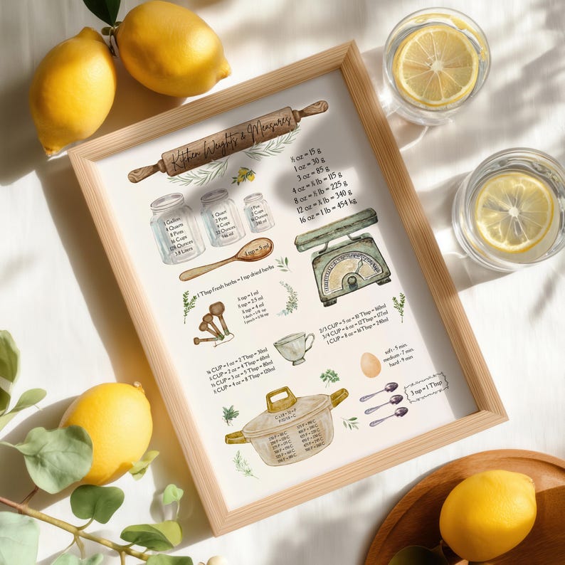 A framed watercolour Wall Art Vintage Kitchen Prints titled "Kitchen Weights & Measures" featuring kitchen tools and measurement conversions. Includes a rolling pin, jars, a scale, and a saucepan. Lemons and glasses of water with lemon slices are in the background.