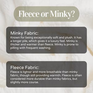 K&ouml;nnte beinhalten: Eine Infografik mit dem Titel Fleece or Minky? und zwei dunkelgrauen Textfeldern. Das obere Feld beschreibt Minky-Stoff als weich, pl&uuml;schig und dick mit langem Flor. Das untere Feld beschreibt Fleece-Stoff als leichter, atmungsaktiv und langlebig.