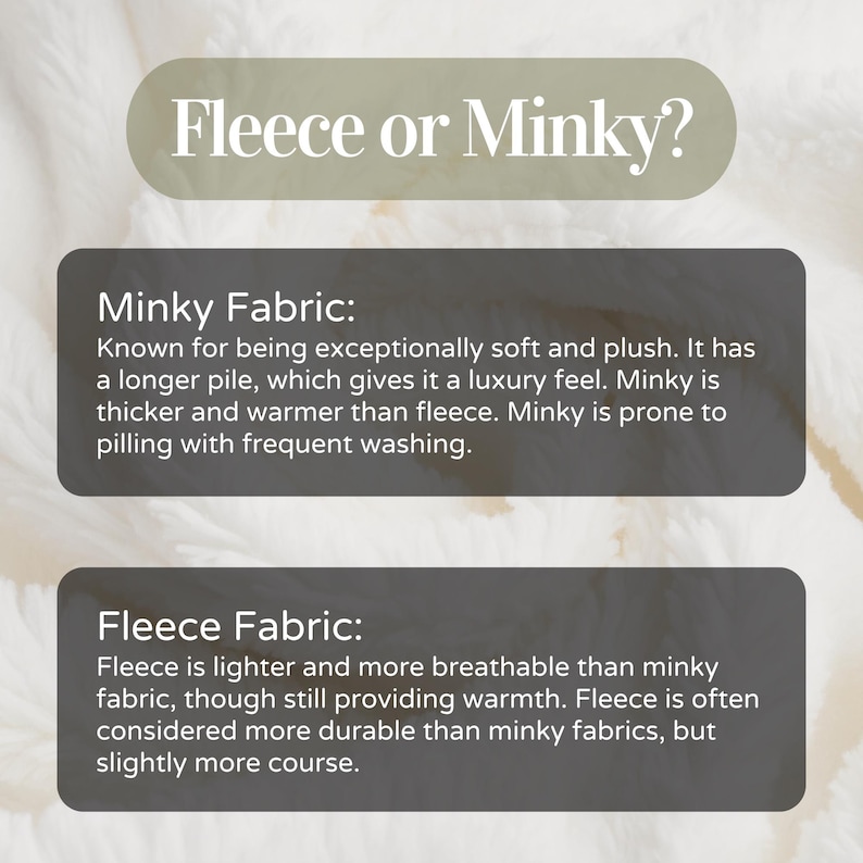 K&ouml;nnte beinhalten: Eine Infografik mit dem Titel Fleece or Minky? und zwei dunkelgrauen Textfeldern. Das obere Feld beschreibt Minky-Stoff als weich, pl&uuml;schig und dick mit langem Flor. Das untere Feld beschreibt Fleece-Stoff als leichter, atmungsaktiv und langlebig.
