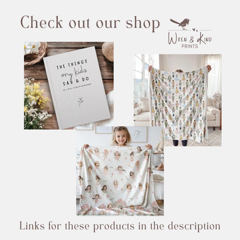 May include: Image featuring a white journal with the text "THE THINGS my kids SAY & DO", and two patterned blankets. One blanket has a doll design, and the other has a soldier design. The text "Check out our shop" and "Links for these products in the description" are also visible.