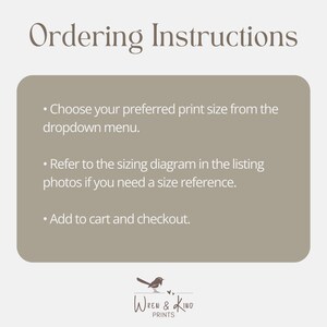 Pu&ograve; includere: Grafica beige con la scritta "Istruzioni per l'ordine". Il testo include le istruzioni per scegliere una dimensione di stampa, fare riferimento a una tabella delle taglie e aggiungere al carrello. Il logo Wren & Kind Prints &egrave; in basso.