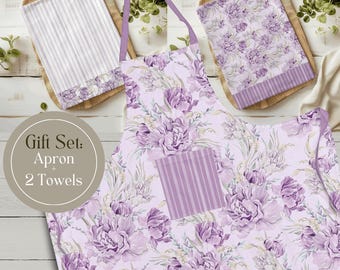 Set composto da grembiule e asciugamano da cucina viola a fantasia floreale per donna, regalo per l'inaugurazione della casa, set regalo grembiule in stile cottagecore per la nonna, grembiule con tasca, regalo per la mamma