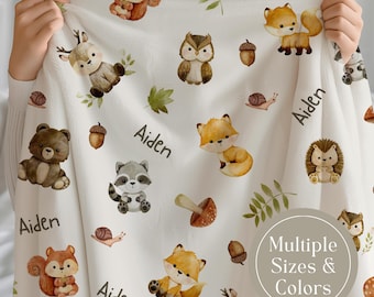 Manta infantil personalizada con diseño de bosque, manta con nombre personalizado para niño, manta personalizada con animales del bosque, regalo para bebé, decoración para habitación infantil con diseño de bosque.