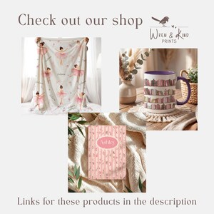 May include: A white blanket featuring a repeating ballerina pattern with the name Victoria, a ceramic mug with a purple handle and a bookshelf print, and a pink and white striped journal with the name Ashley printed on the front cover.