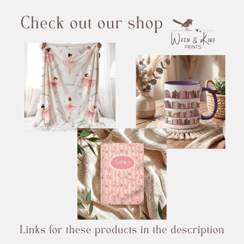 May include: A white blanket featuring a repeating ballerina pattern with the name Victoria, a ceramic mug with a purple handle and a bookshelf print, and a pink and white striped journal with the name Ashley printed on the front cover.