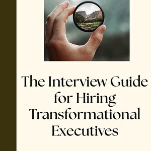 Op de afbeelding: Boekomslag met de titel "The Interview Guide for Hiring Transformational Executives". De afbeelding toont een hand die een lens vasthoudt, met een berglandschap zichtbaar door de lens.