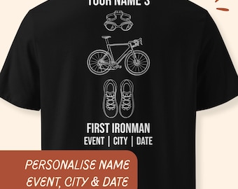Camiseta personalizada del primer Ironman, con nombre, evento y fecha personalizables, corte holgado unisex.