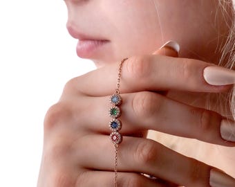 Rose Gold Birthstone Bracelet, Personalized Family Jewelry Gift, Custom Dainty Bracelet for Mom, Unique Birthday or Anniversary Present