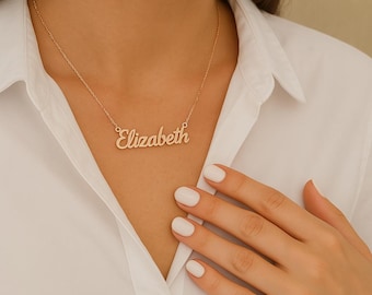14K Solid Gold Name Necklace, Personalized Handmade Jewelry, Custom Script Pendant Necklace, Elegant Anniversary or Christmas Gift