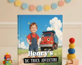 May include: A children's book titled "Henry's Big Truck Adventure" features a cartoon illustration of a red truck and a young boy in overalls. The book is displayed with a toy robot, a wooden toy truck, and a stackable toy.