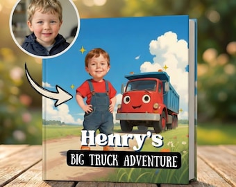 May include: A children's book titled "Henry's Big Truck Adventure" features a cartoon illustration of a red truck and a young boy in overalls. The book cover has a blue sky background with clouds and stars, and a photo of a smiling boy.