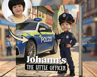 May include: A personalized children's book cover featuring a cartoon police officer character with the name Johann's THE LITTLE OFFICER printed below. The illustration shows a blue and silver police car with the word POLIZEI on the side.
